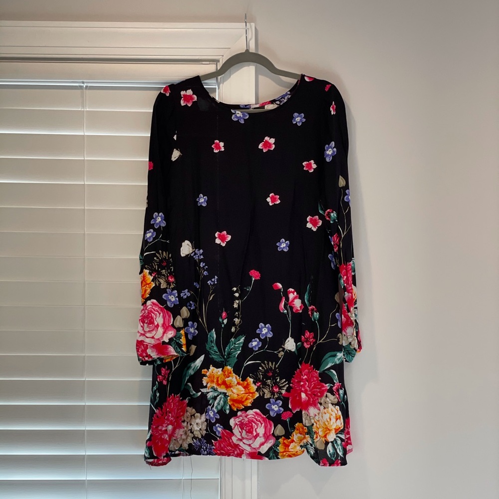 Black with Bold Floral Long Sleeve Dress